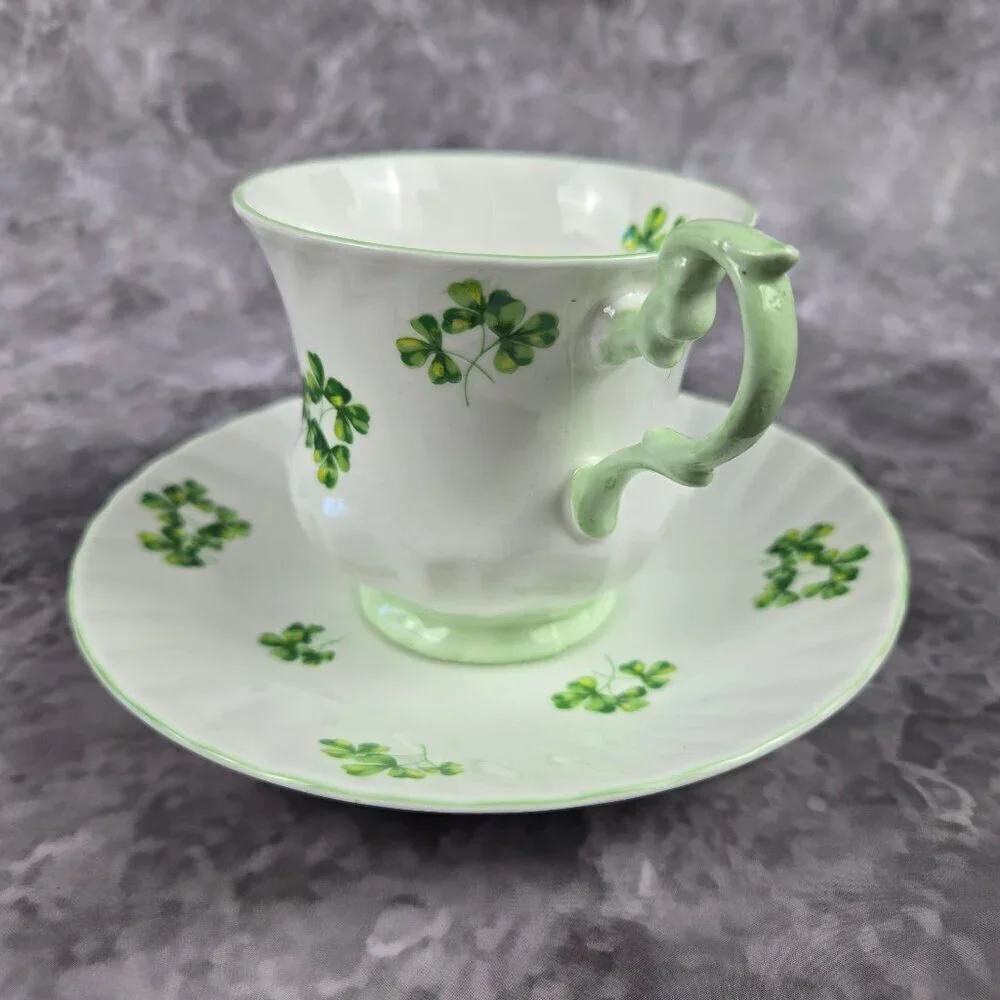 Royal Dover Fine Bone China Shamrock Tea Cup and Saucer Green White Vintage